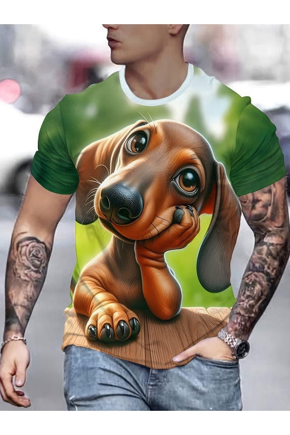 Men's novel breathable T-shirt with cute German short-legged dog print, casual crew neck, short sleeves, machine wash, light and comfortable, suitable for casual wear