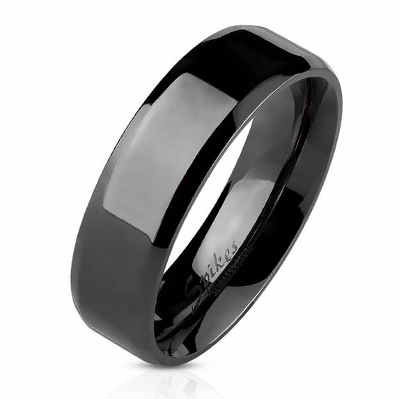 Men's or Women's Beveled Edge Flat Band Black IP Stainless Steel Wedding Ring - Size 10