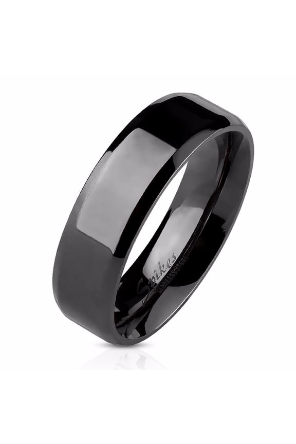 Men's or Women's Beveled Edge Flat Band Black IP Stainless Steel Wedding Ring - Size 10