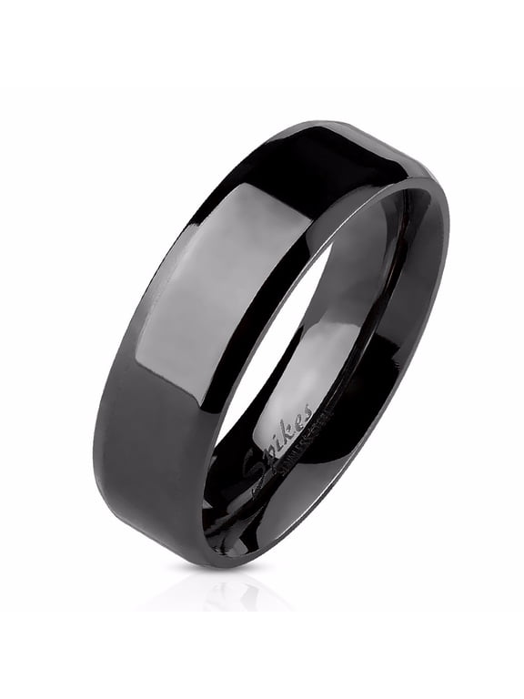 Men's or Women's Beveled Edge Flat Band Black IP Stainless Steel Wedding Ring - Size 9