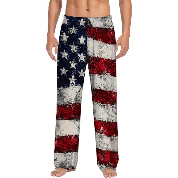 Men's pajama pants with American flag print, red white and blue patriotic stars and stripes design, soft home pajama pants, casual and comfortable loose fit pajama pants