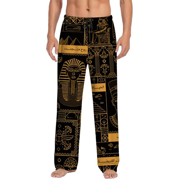 Men's pajama pants with Egyptian pharaoh and pyramid pattern in black and gold, soft home pajama pants, casual and comfortable loose fit pajama pants, elastic waistband