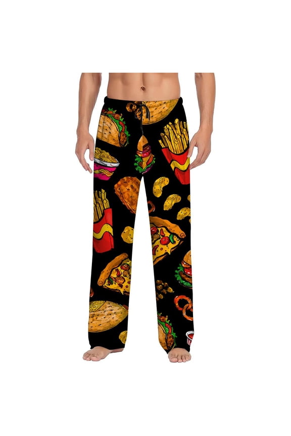 Men's pajama pants with colorful cartoon fast food print including burgers, pizza, fries, tacos and snacks, soft home pajama pants, casual and comfortable loose fit pajama pants