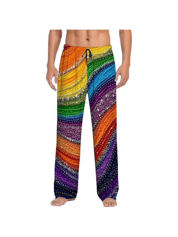 Men's pajama pants with colorful rainbow wave pattern and sparkling droplet texture design, soft home pajama pants, casual and comfortable loose fit pajama pants, elastic waistband
