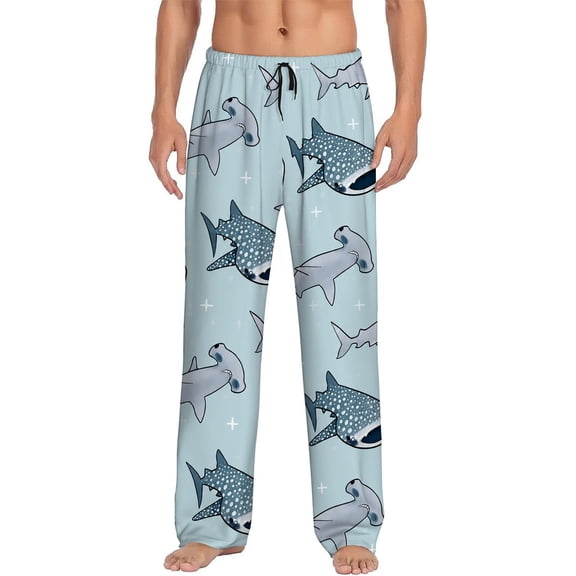Men's pajama pants with cute blue ocean shark print, featuring hammerhead and whale shark design, soft home pajama pants, casual and comfortable loose fit pajama pants, elastic waistband