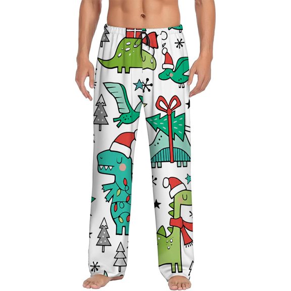 Men's pajama pants with cute green dinosaur and Christmas tree pattern, festive holiday design with Santa hats and gift eleMents, soft home pajama pants