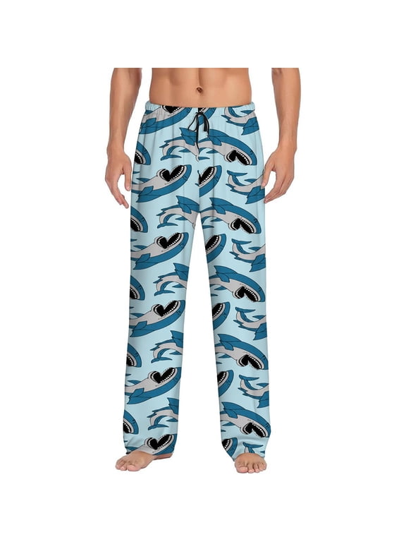 Men's pajama pants featuring a fun cartoon shark pattern, soft home pajama pants, casual and comfortable loose fit pajama pants, elastic waistband