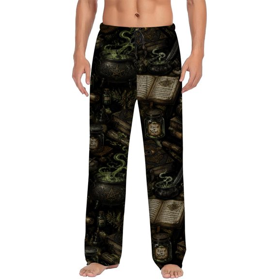 Men's pajama pants featuring a mystical dark witchy spellbook and potion pattern, soft home pajama pants, casual and comfortable loose fit pajama pants, elastic waistband, the ideal gift