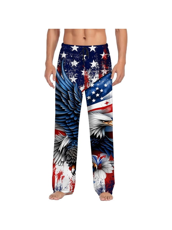 Men's pajama pants featuring a patriotic American eagle and flag print, soft home pajama pants, casual and comfortable loose fit pajama pants, elastic waistband, the ideal gift