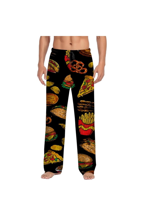 Men's pajama pants with a fun fast food pattern， featuring burgers， fries， tacos， pizza， and fried chicken， soft home pajama pants， casual and comfortable loose fit pajama pants