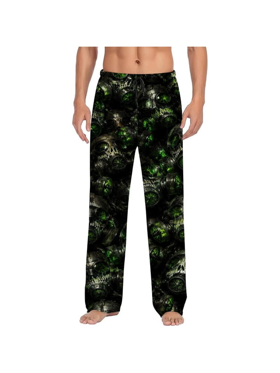 Men's pajama pants with green glowing mechanical mask print, soft home pajama pants, casual and comfortable loose fit pajama pants, elastic waistband, the ideal gift