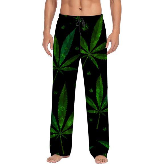 Men's pajama pants with green tropical leaf print on black background, soft home pajama pants, casual and comfortable loose fit pajama pants, elastic waistband, the ideal gift