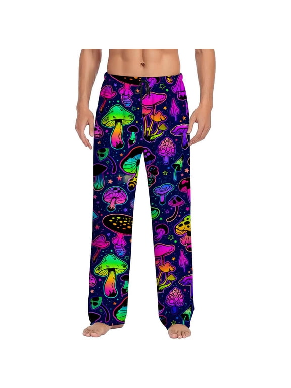 Men's pajama pants with neon psychedelic mushroom pattern, soft home pajama pants, casual and comfortable loose fit pajama pants, elastic waistband, the ideal gift