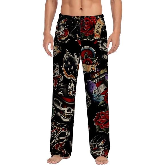 Men's pajama pants with retro tattoo print featuring skulls, roses, swallows, snakes and hearts, soft home pajama pants, casual and comfortable loose fit pajama pants