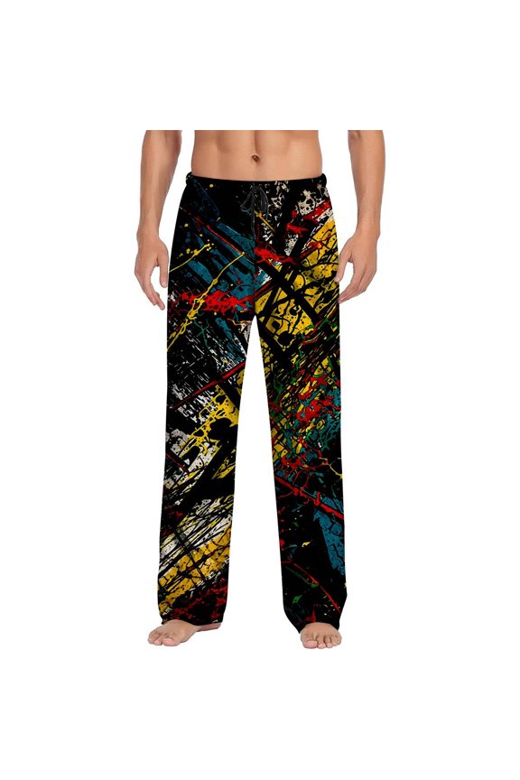 Men's pajama pants with vibrant abstract paint splatter art, soft home pajama pants, casual and comfortable loose fit pajama pants, elastic waistband, the ideal gift