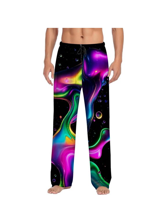 Men's pajama pants with vibrant liquid neon abstract print, soft home pajama pants, casual and comfortable loose fit pajama pants, elastic waistband, the ideal gift