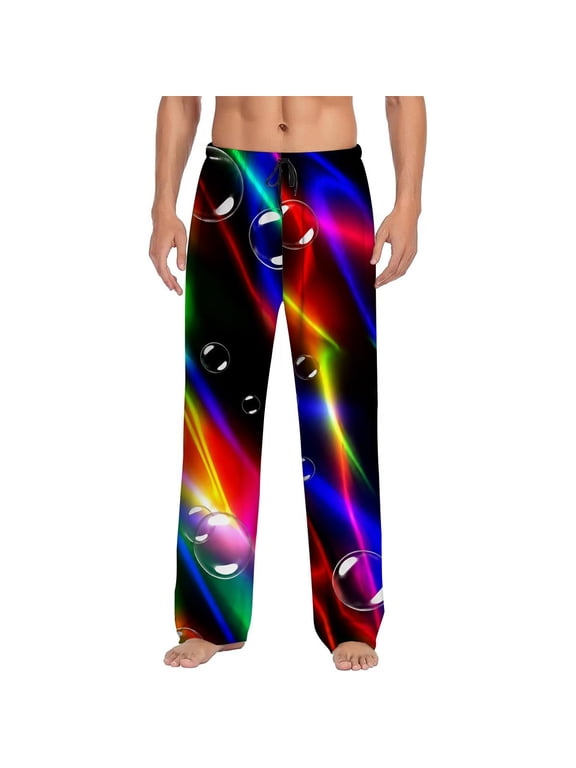 Men's pajama pants with vibrant rainbow wave pattern and glossy bubble design, soft home pajama pants, casual and comfortable loose fit pajama pants, elastic waistband