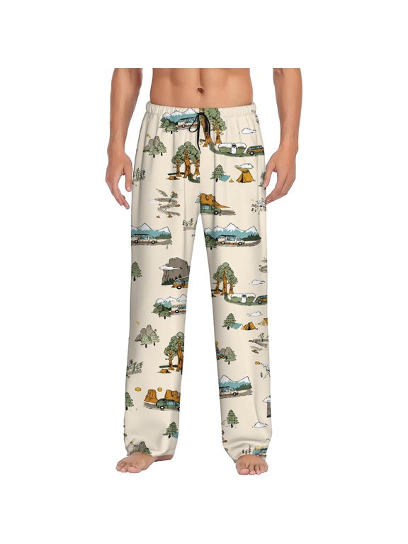 Men's pajama pants with vintage camper van and mountain scene print, soft home pajama pants, casual and comfortable loose fit pajama pants, elastic waistband