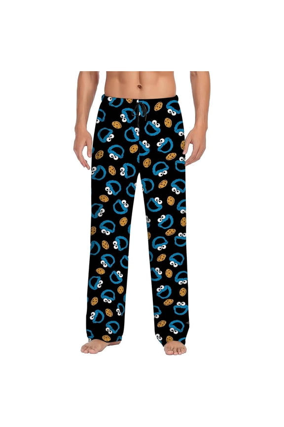 Men's pajama pants with blue cartoon monster and cookie print， soft loose fit pajama pants with elastic waistband.