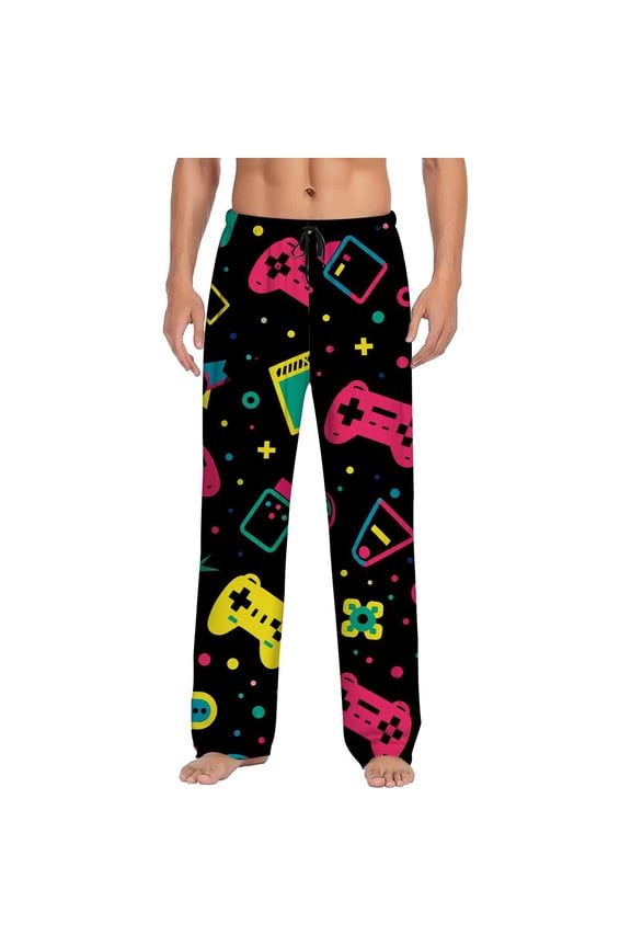 Men's pajama pants with colorful retro game controller print, soft home pajama pants, elastic waistband, ideal birthday holiday gift