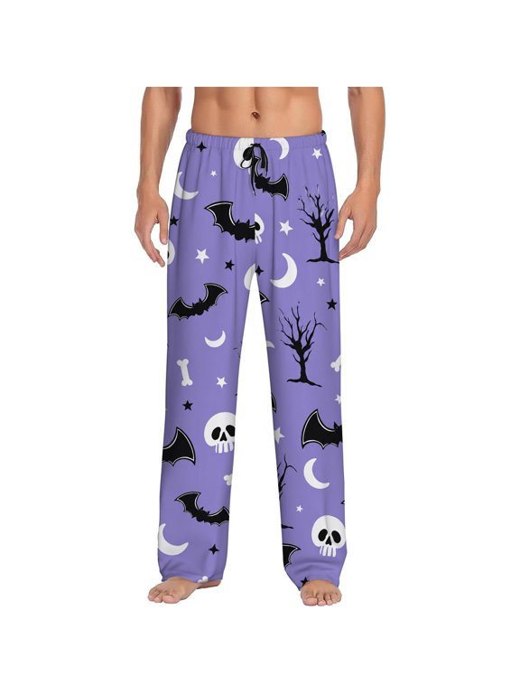 Men's pajama pants with purple gothic bat skull moon and dead tree print, soft home pajama pants, casual and comfortable loose fit pajama pants