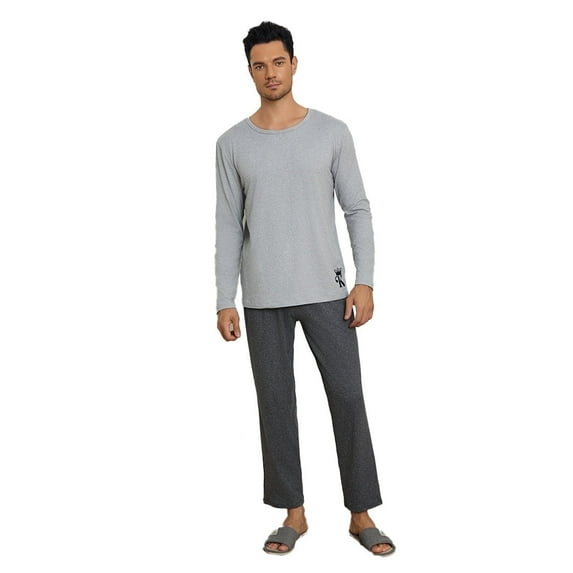 Grey men's pajama set - long-sleeved and long pants, with a round collar, simple and casual style, suitable for home wear as well as for going out.