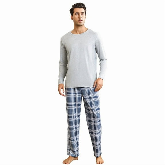 New men's home wear set, featuring long-sleeved top paired with long pants, suitable for casual wear at home.
