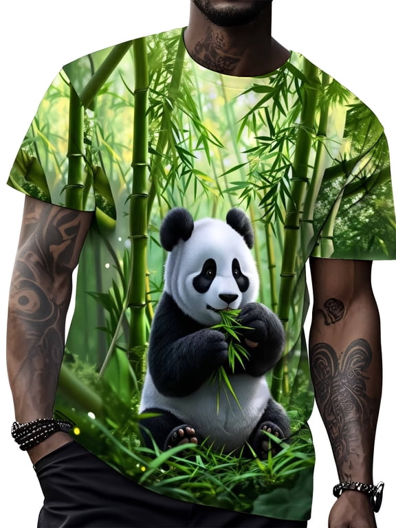 Men's panda in bamboo cotton fiber, cotton fiber forest animal print T-shirt, natural wildlife design short-sleeved casual shirt, with panda eating bamboo cotton fiber cotton fiber scene