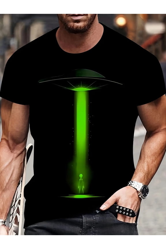 Men's printed T-shirt with neon green UFO and alien spaceship design - sci-fi fan wear, casual daily and themed parties,
