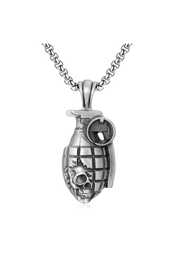 Men's punk style skull grenade pendant necklace, stainless steel gun black plating, hip-hop party fashion accessories, cool gift for him - 1 piece,Silver color