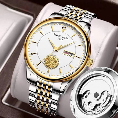 Men's quartz watch, imitation automatic, fake mechanical, transparent back, butterfly clasp, stylish business men's wristwatch