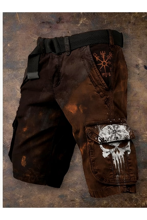 Men's retro Viking totem skull print workwear shorts, street hardcore workwear style design, shaping a stylish male temperament, suitable for dating, personalized leisure occasions