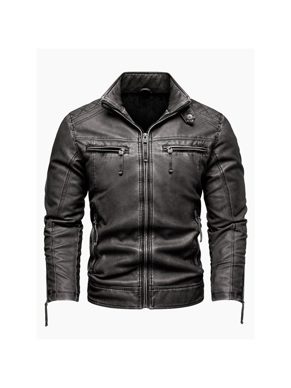 Men's retro thickened jacket multi-pocket coat stand-up collar PU leather jacket plus size jacket motorcycle suit