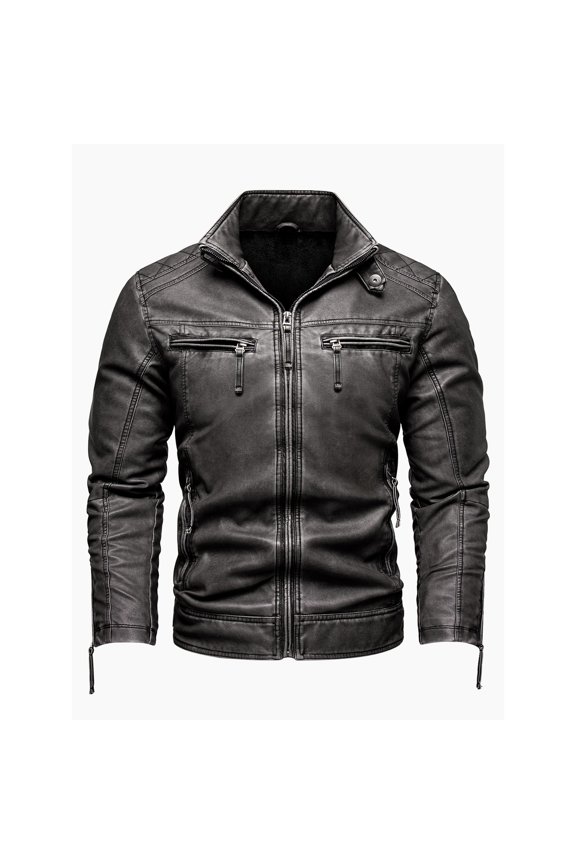 Men's retro thickened jacket multi-pocket coat stand-up collar PU leather jacket plus size jacket motorcycle suit