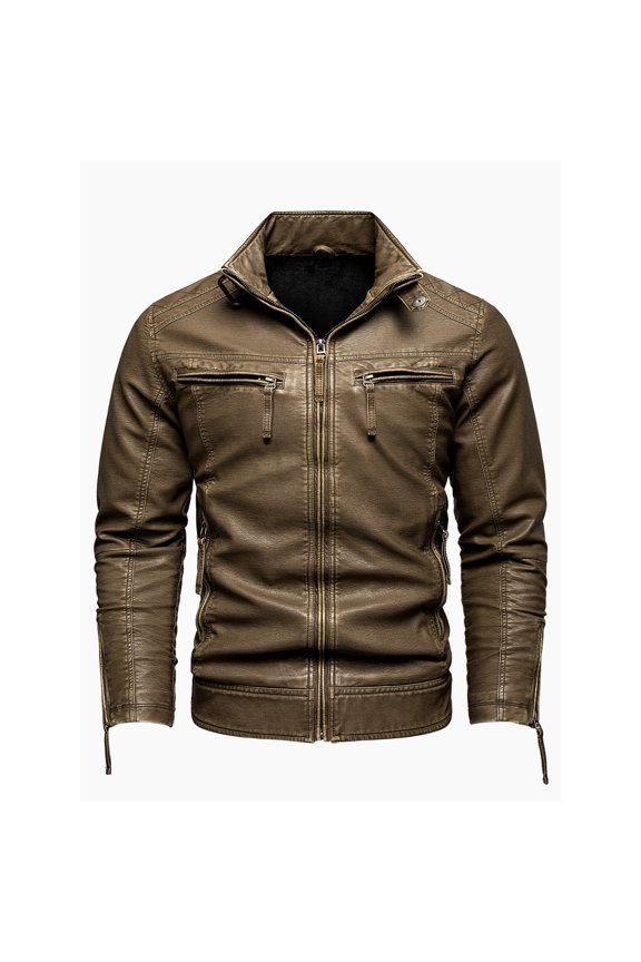 Men's retro thickened jacket multi-pocket coat stand-up collar PU leather jacket plus size jacket motorcycle suit