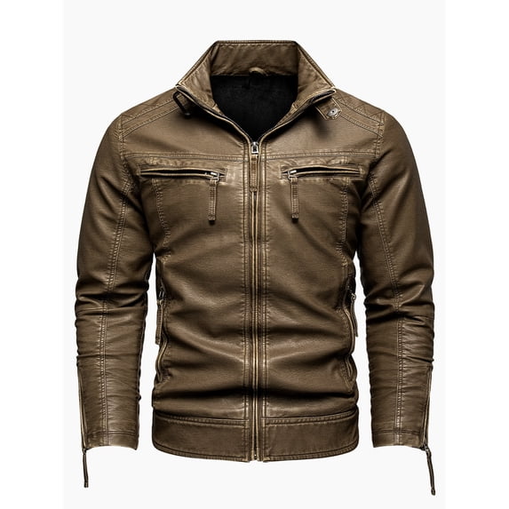 Men's retro thickened jacket multi-pocket coat stand-up collar PU leather jacket plus size jacket motorcycle suit