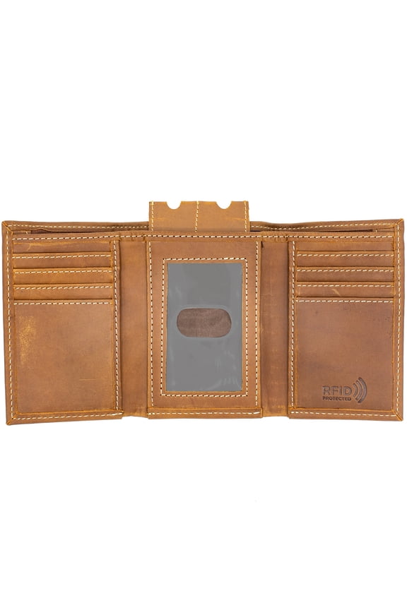 Men's rfid Safe Trifold Leather Wallet Rustic Brown Thumb ID Key Holder Zip bill Slot by Juzar Tapal Collection