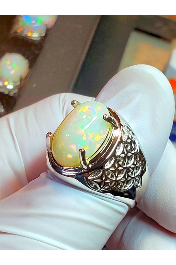 Men's ring men's opal ring white opal  large opal big men's ring statement Ring