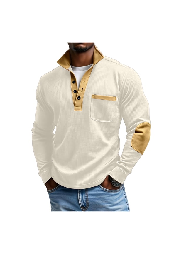 Men's Waffle Texture Quarter Button Pullover - Pocket & Elbow Patches Casual Fall Winter Top Beige 2XL