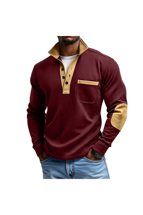 Men's Waffle Texture Quarter Button Pullover - Pocket & Elbow Patches Casual Fall Winter Top Red 3XL