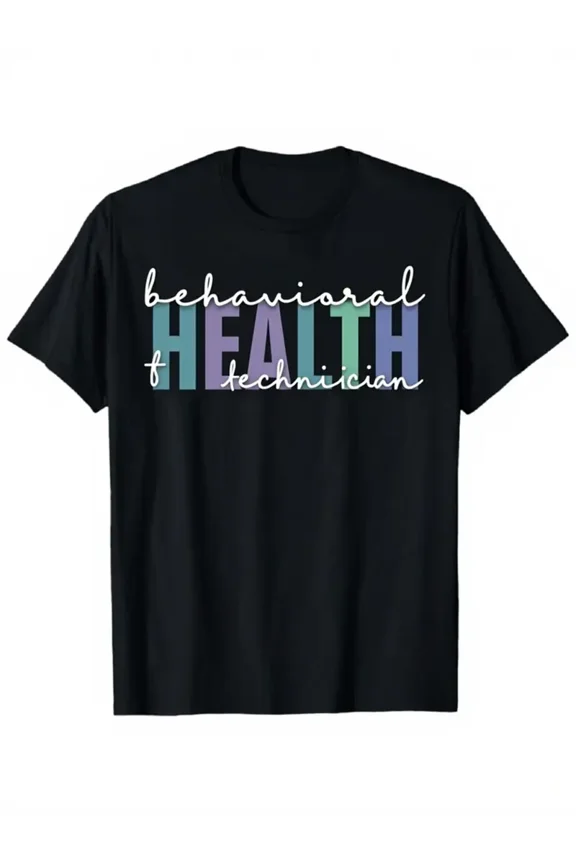 Men's & 's Behavioral Health Technician T-Shirt - Rainbow Gradient Print BHT Lettering, Short Sleeve Crew Neck Work Uniform, Comfortable Casual Top for Therapists, Counselors
