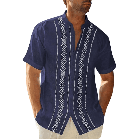 Men's short-sleeve casual button-up shirt, stand collar guayabera shirt, beach shirt