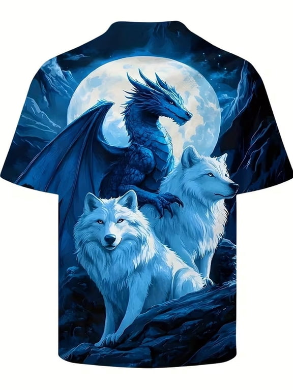 Men's short-sleeved T-shirt, dreamy design, depicted under a rocky edge, with sailors and white wolves perched under a glowing full moon, in cool hues and mysterious aesthetics.