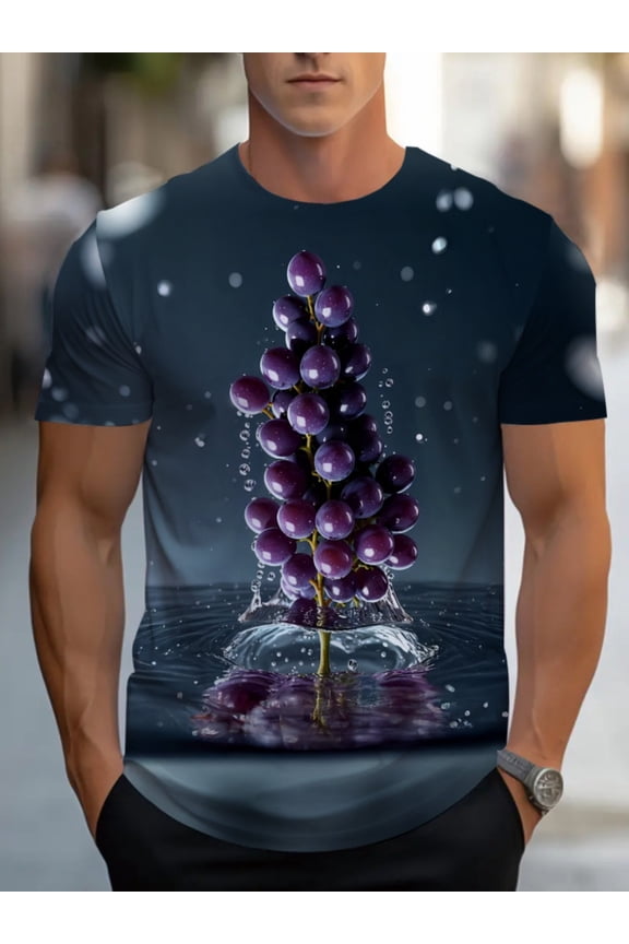 Men's short-sleeved T-shirt with grape pattern design, perfect for restaurants. Soft material, dark blue color, light and comfortable. Ideal for casual outings and daily wear