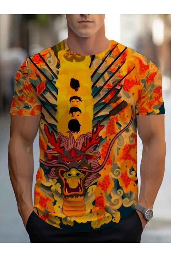 Men's short-sleeved T-shirt made of polyester and printed with a 3D dragon pattern is perfect for restaurant attire. With a vibrant orange hue, it is perfect for casual dining and home wear.