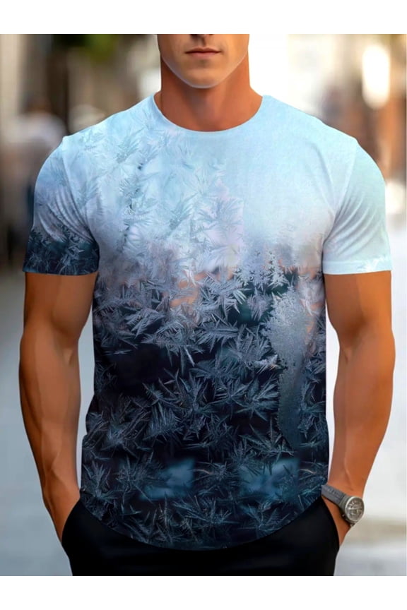 Men's short-sleeved T-shirt - printed gradual change blue work clothes restaurant staff clothes - light and durable comfortable breathable casual home daily wear trend men's clothing