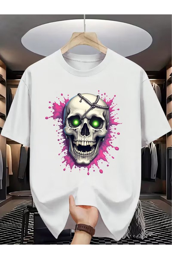Men's short-sleeved T-shirt with a skull pattern.