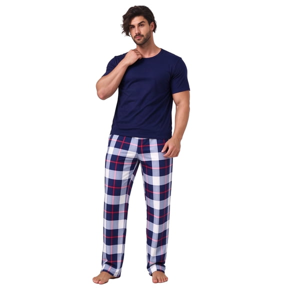 ZEFORTEX Men's Pajamas Set Long Sleeve Top with Plaid Pants, Soft Sleepwear Loungewear with Pockets for Men