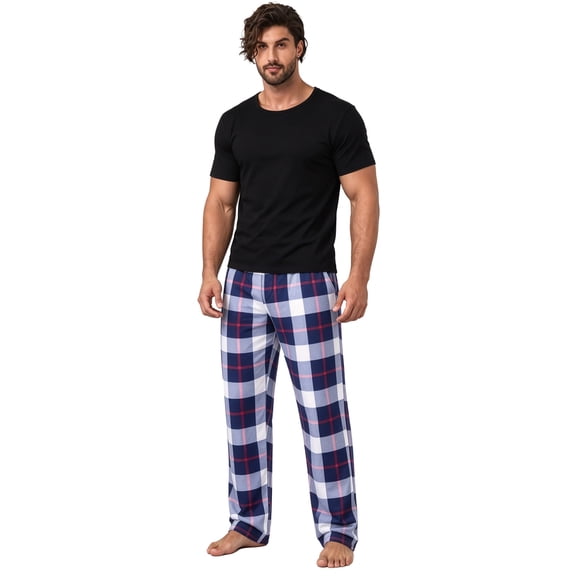 Men's 2-Piece Pajama Set, Short Sleeve Solid Top & Plaid Long Pants, Soft Breathable Loungewear with Pockets, Wearable Outside