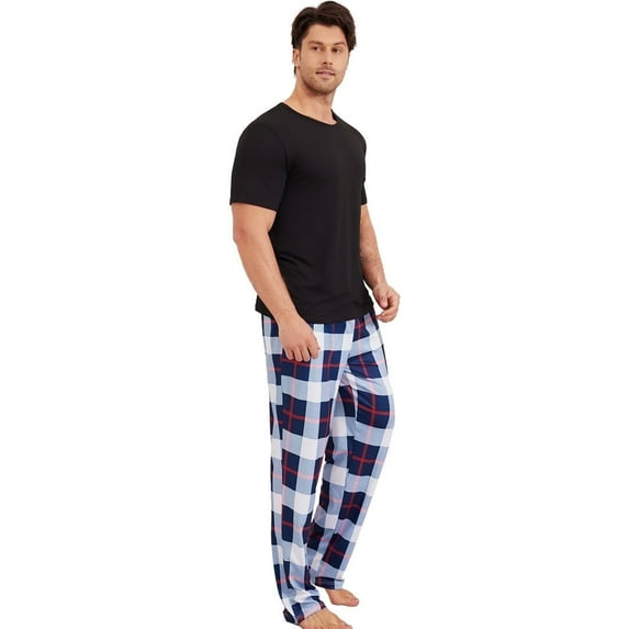 Men's short-sleeved long pants casual check home wear set that can be worn outside